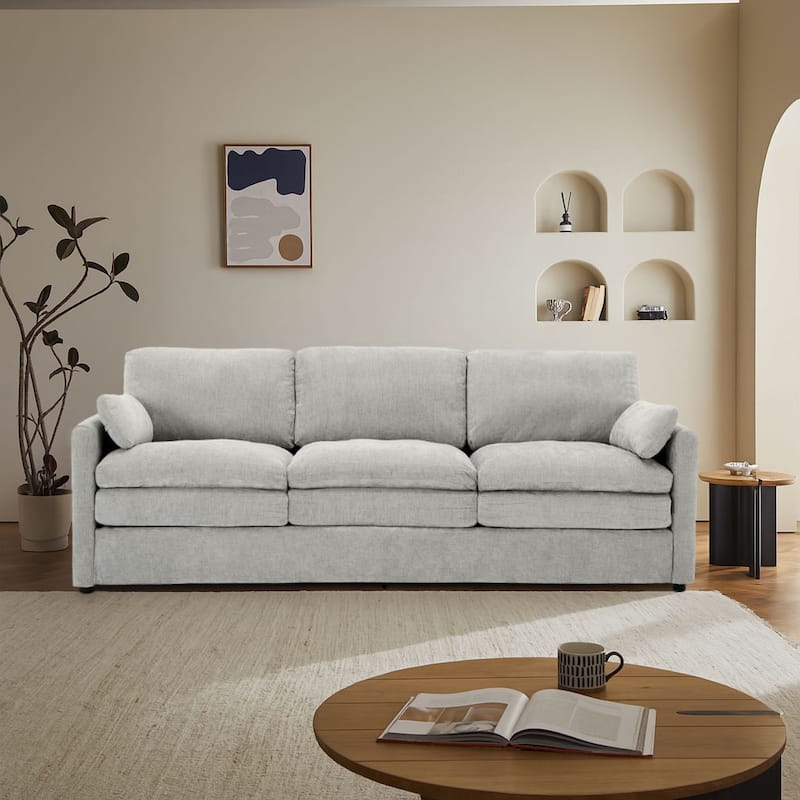 Modern Minimalist Chenille Fabric Upholstered Living Room Sofa - Light Grey - 3-Seater