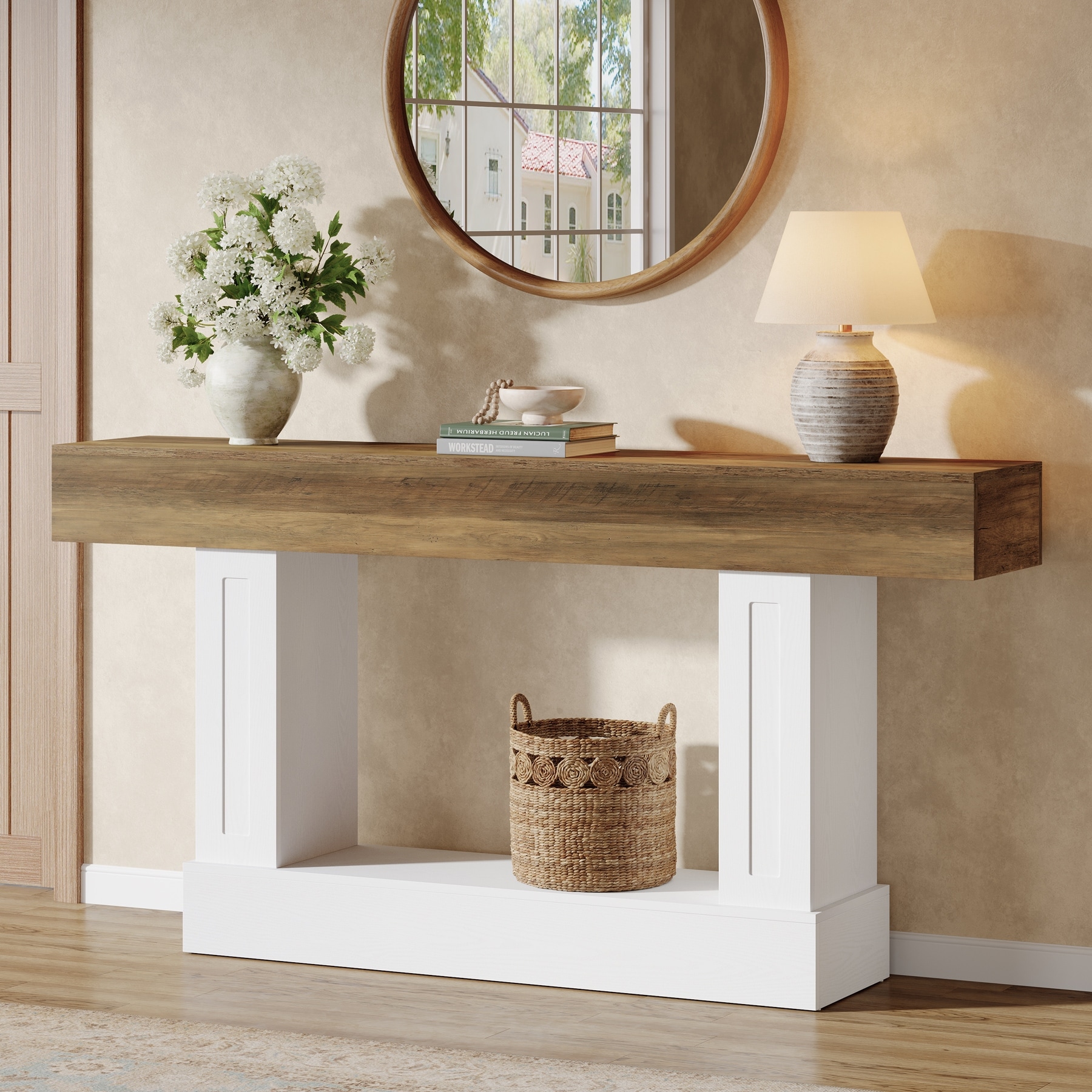 Farmhouse Console Table with 2-tier Storage Shelf, 63-Inch Sofa Table Behind Couch - 62.99" L x 11.81" W x 32.68" H
