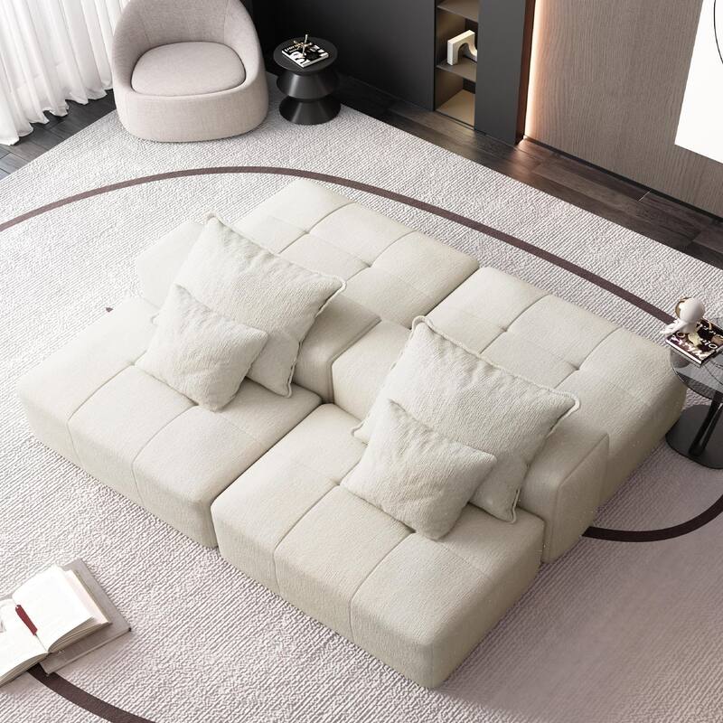 Floor Sofa Sectional Couch with 2 Ottoman, Modern Oversized Chenille Modular Sofa with 4 Pillows for Apartment