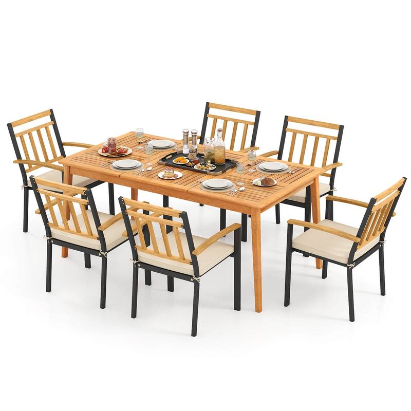 Costway 7 PCS Patio Acacia Wood Dining Set with Soft Seat Cushions