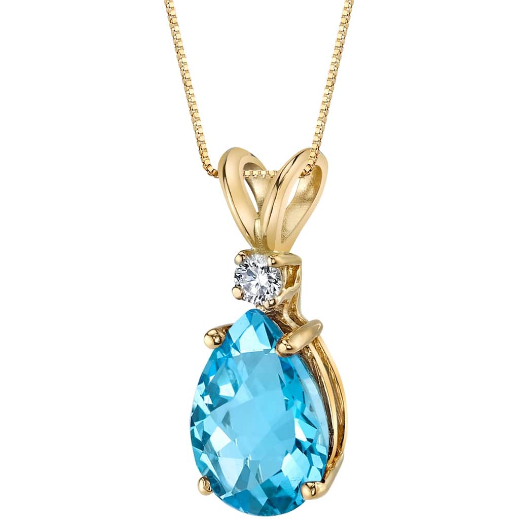 Oravo 14k Yellow Gold 2.25 ct Pear Shape Swiss Blue Topaz Diamond Pendant