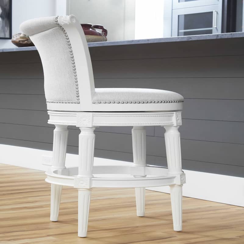 White Wood Frame Swivel Bar Chair with Linen Seat and Footrest
