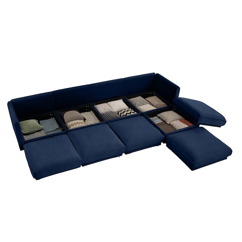 142.5" Chenille L-Shaped Sectional Sofa with Storage & Round Back