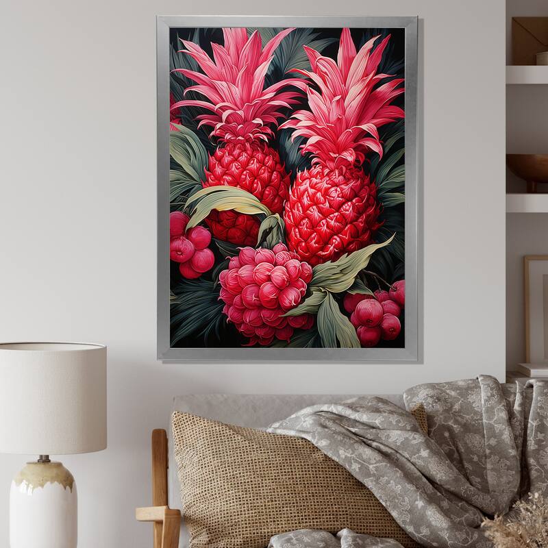 Designart "Rustic Pink Pineapple Impression II" Pineapples Wall Decor Pink - Traditional Entryway Framed Wall Art - 34 in. wide x 44 in. high - Silver
