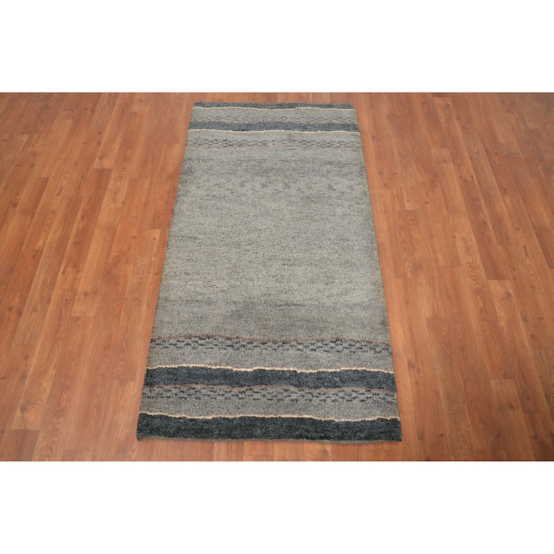 Hand Knotted Oriental 100% Wool Carpet Modern Modern Greys & Charcoal Gabbeh Area Rug - 4' 9'' X 2' 6''
