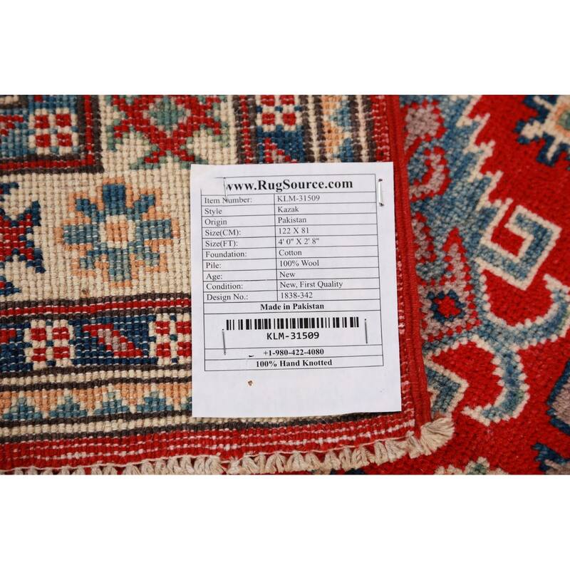 Traditional Kazak Oriental Rug Hand-Knotted Geometric Wool Carpet - 2'8"x 4'0"