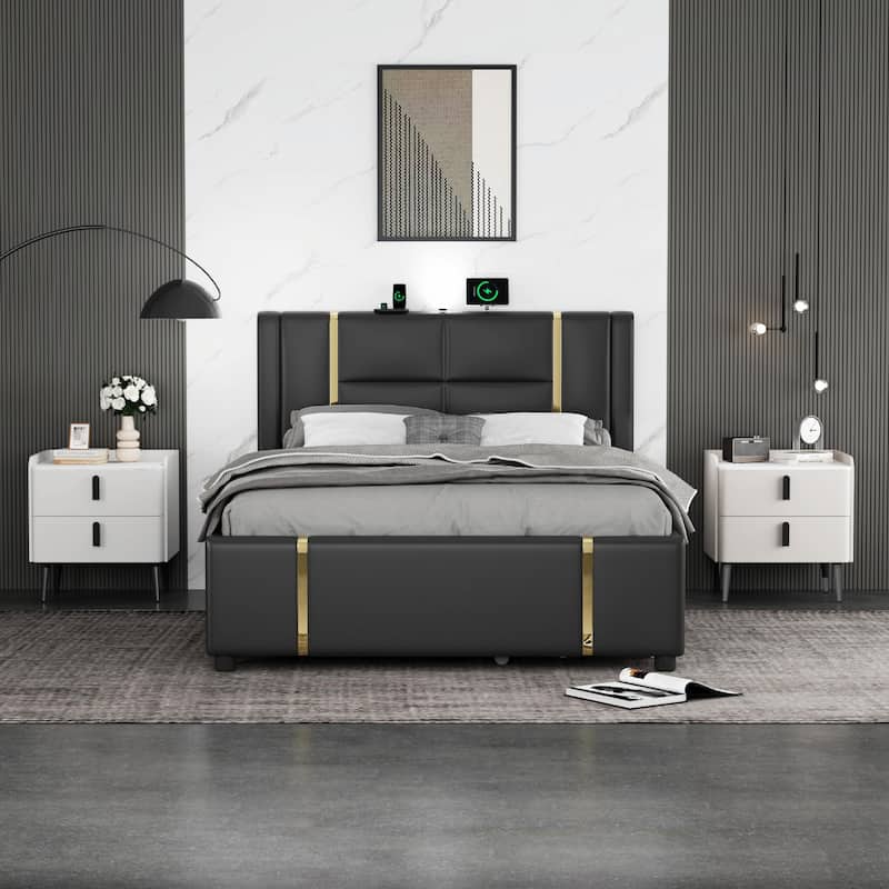 Nightstand with 2 Drawers and Marble-Pattern Tabletop