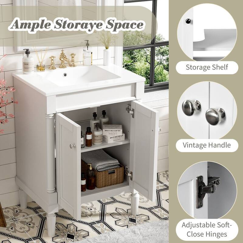 24 Inch Bathroom Vanity with Ceramic Top Sink, Freestanding Single Sink Vanity with Storage Shelves, Modern Style