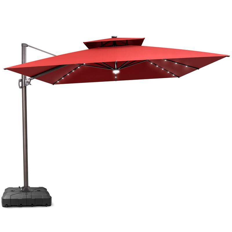 11 FT Solar-Powered LED Patio Cantilever Umbrella with Double Canopy and Base
