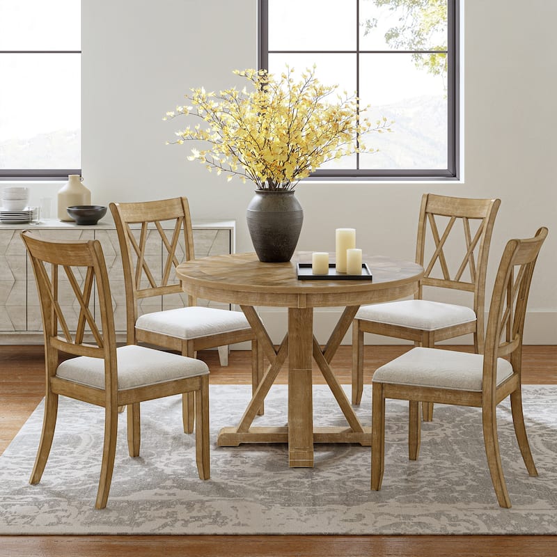 Nuria Farmhouse 5-Piece Round Natural Dining Set with 4 Chairs and Round Table by HULALA HOME