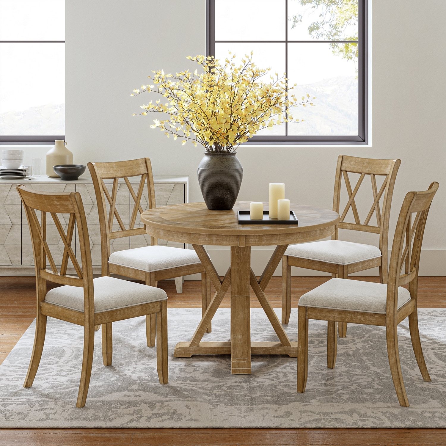 HULALA HOME Nuria Farmhouse 5-Piece Round Natural Dining Set with 4 Chairs and Round Table