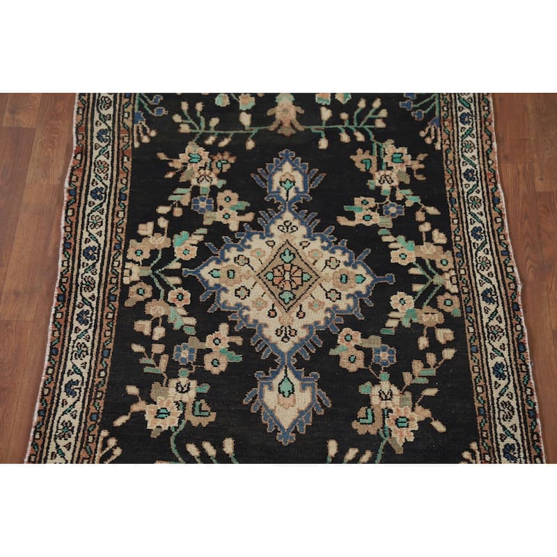 Dark Blue Hamedan Vintage Persian Runner Rug Hand-Knotted Wool Carpet - 3'7" x 10'1"