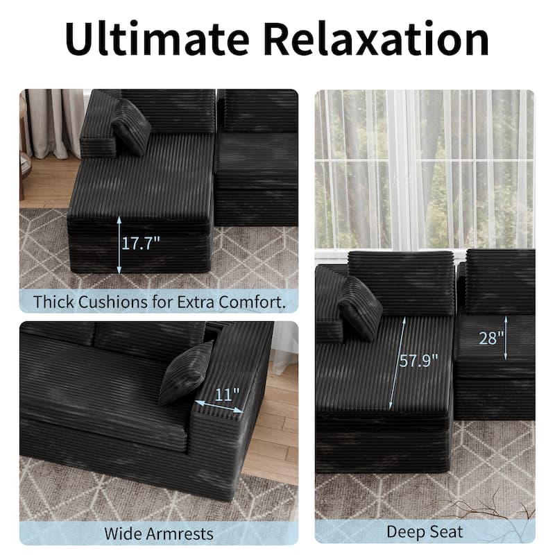 Black 108" Boneless Cloud Couch, Modular L-Shaped Sectional Sofa