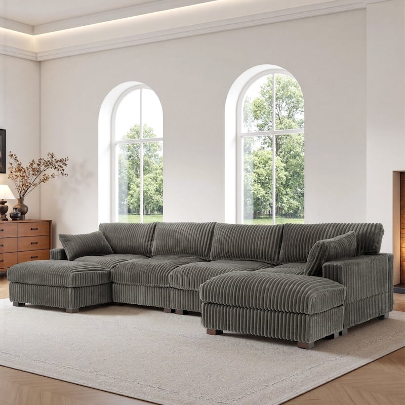 Oversied Plush Corduroy Fabric Modular Sectional Sofa with Chaise, Ottoman - Left Facing - Light Grey-5 Pieces