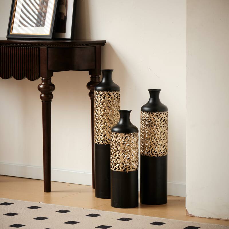 Set of 3 Metal Decorative Glazed Vase with 3D Pattern for Home Office - 28.7in+24.8in+20.8in
