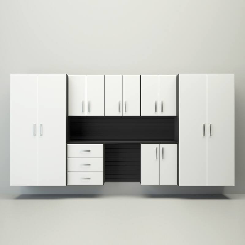 Flow Wall 8 Piece PVC Indoor Cabinet Deluxe Workstation - Black Slatwall / White Cabinets