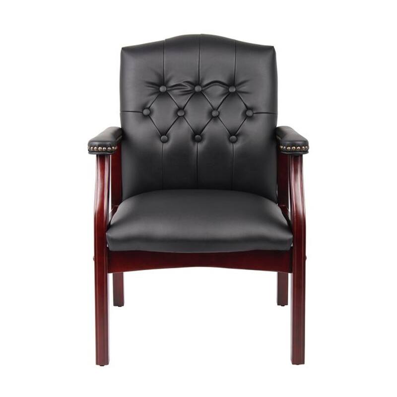 Koe Classic Reception Guest Armchair, Black Vinyl Tufted Back, Wood Legs