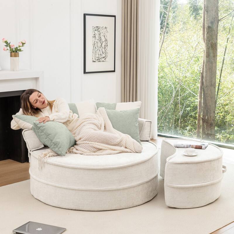 47.63" Round Lazy Fully Compression Sofa, Chenille, with Ottoman