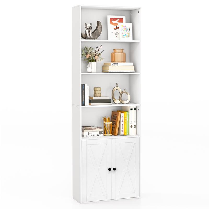 71'' Farmhouse Bookcase with Doors with 6 Shelves & 2-Door Cabinet - White