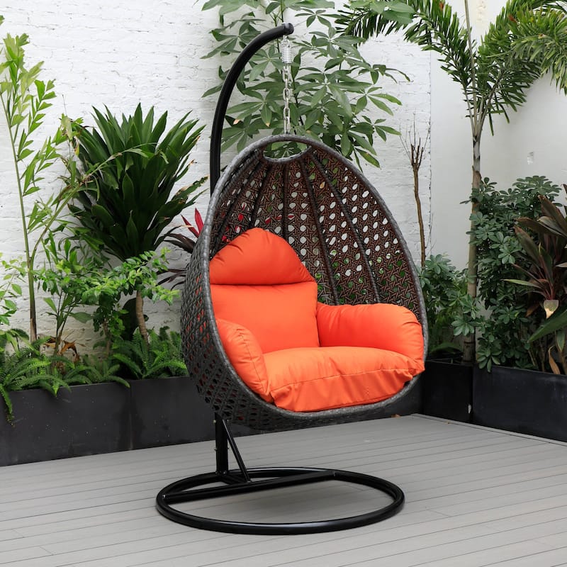 LeisureMod Charcoal Single Seater Rattan Wicker Egg Swing Hanging Chair for Indoor Outdoor Patio Porch Backyard Garden