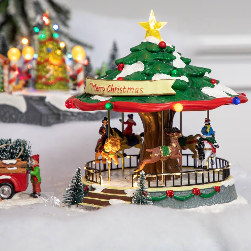 LED Lighted Musical Animated Christmas Carousel Village Display 10.5"