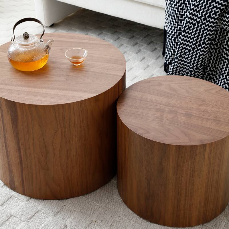 Wood Grain Coffee Table Set of 2 Round Nesting Side Table Lightweight End Table Modern Accent Table, No Assembly Required