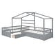 preview thumbnail 19 of 20, Twin Size House Platform Bed with 3 Storage Drawers, Wooden Daybed for 2, L -Shaped Double Bedframe with Roof & Fence