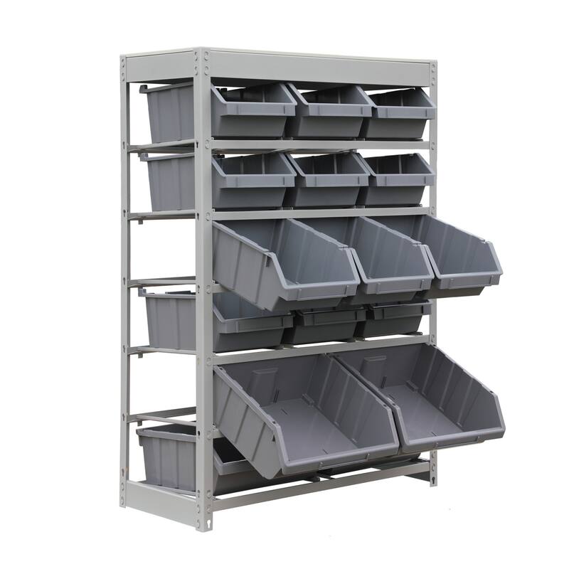 King's Rack Bin Rack Storage System Heavy Duty Steel Rack Organizer Shelving Unit w/ 16 Plastic Bins in 6 tiers.