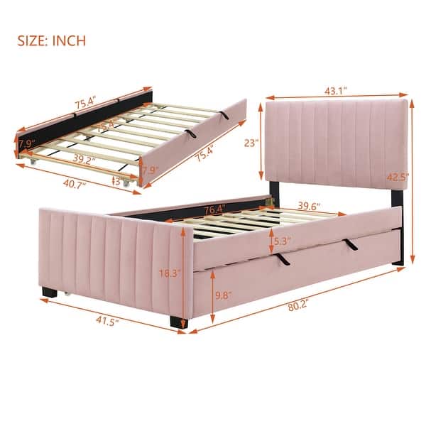 Twin Size Velvet Platform Bed with Pull-out Cord Twin Size Trundle, Upholstered Bed with Wooden Support Legs, Pink