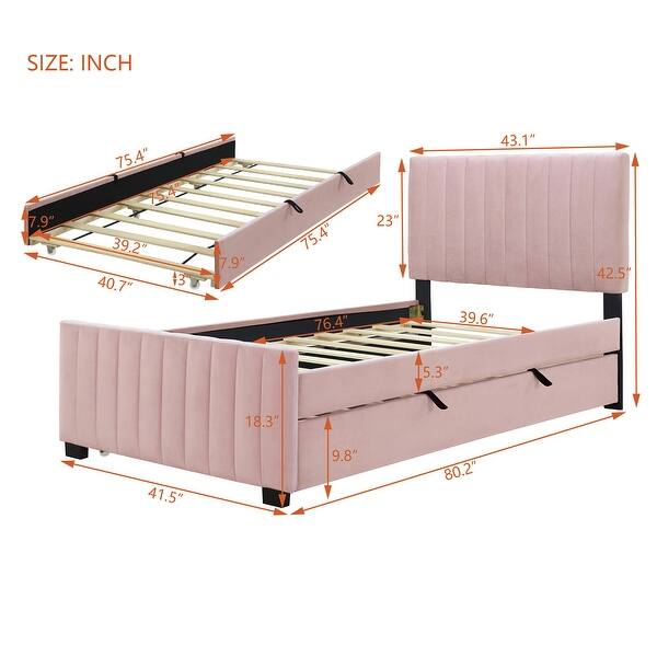 Twin Velvet Upholstered Platform Bed with Built-in Twin Trundle , Elegant Fabric, Sturdy Frame