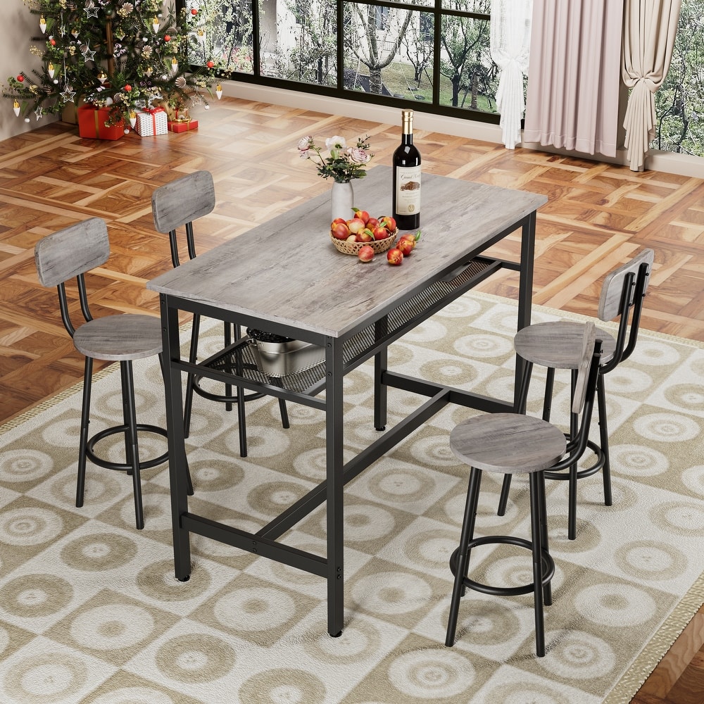Dining Bar Table Set for 4, 5 Piece Counter Height High Breakfast Wood Metal Table and Chairs