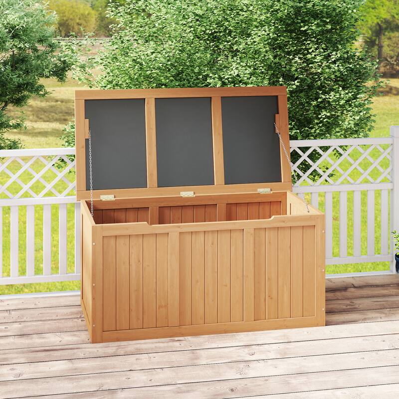 67 Gallon Wooden Deck Box Solid Wood Storage Box Seat & Table Top for Patio Furniture Cushions, Pool Toys & Garden Tools