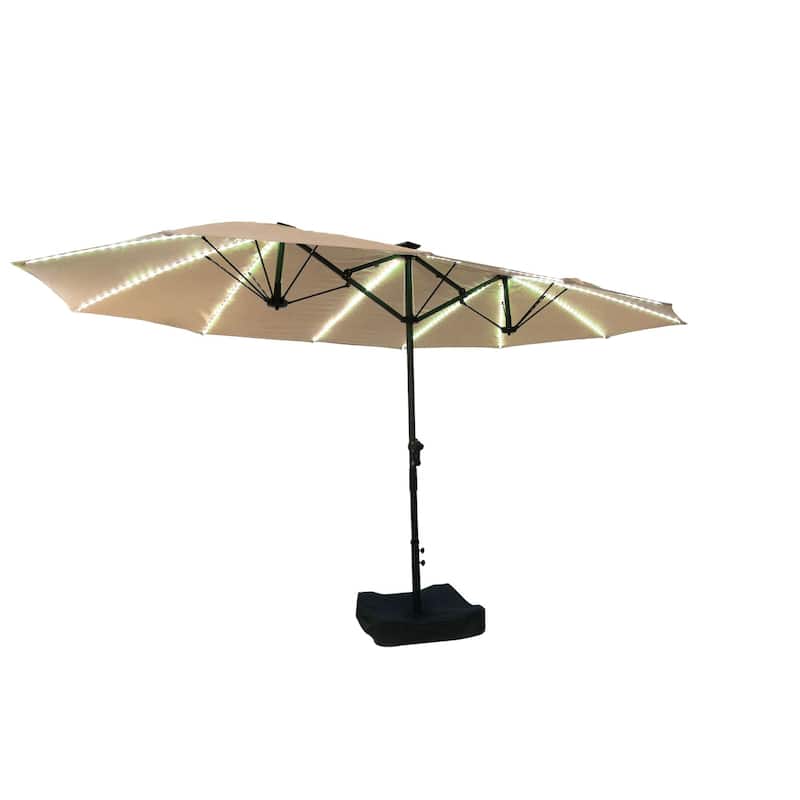 180'' x 108'' Rectangular Fiberglass Lighted Market Umbrella with Base - Beige