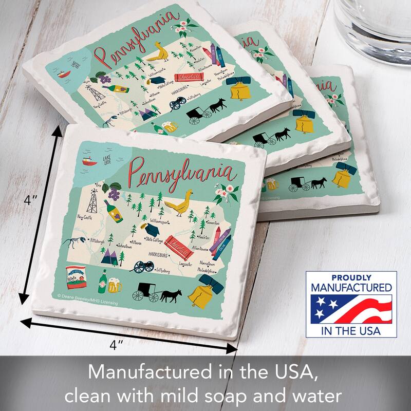 Pennsylvania 4-Pack Absorbent Stone Coasters with Protective Cork Backing 4" Square Made in The USA Artistic Easily Wipes Clean