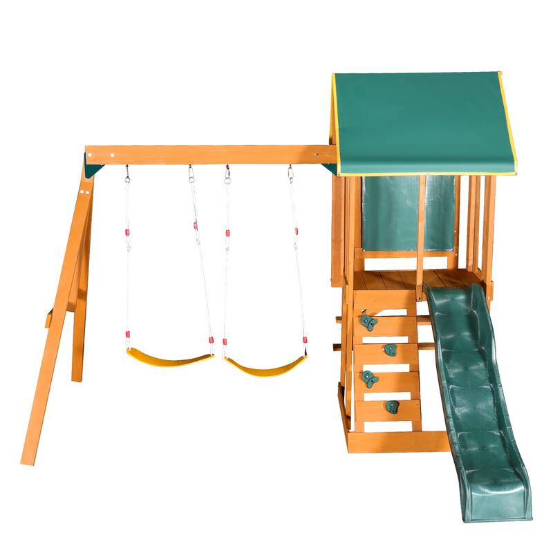 Outdoor 3 in 1 Wood Swing Set with Slide, 2 Swings and Climber