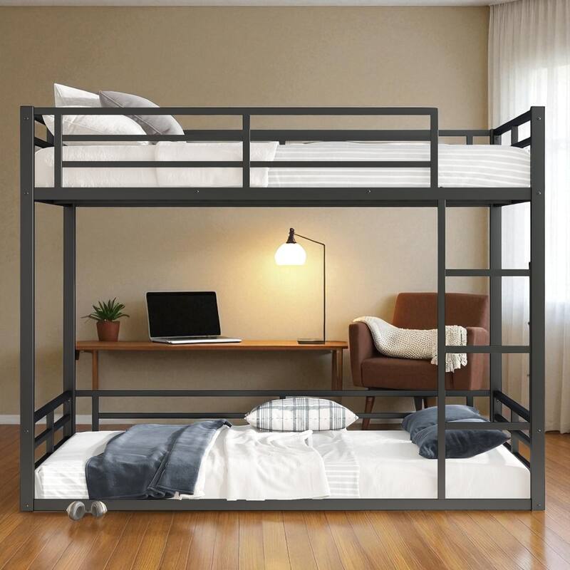 Metal Bunk Bed Twin XL/Full XL/Queen Over Queen, Heavy-Duty Low Bunk Frame with Guardrails and Quiet Design
