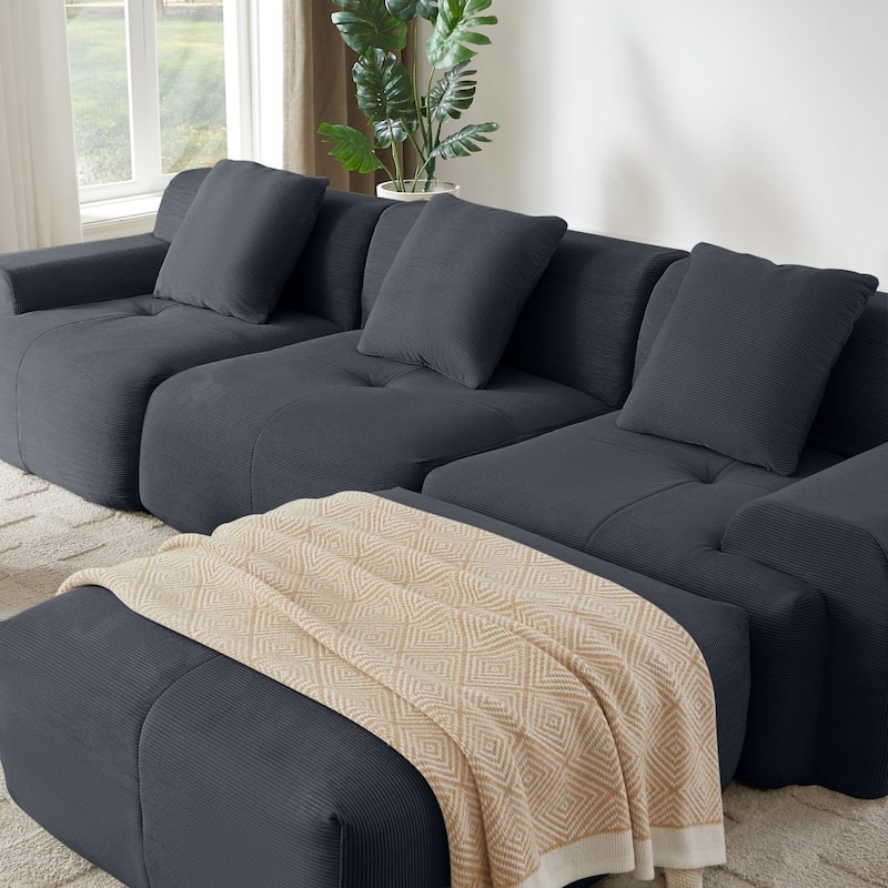 113" Modern L-Shaped Corduroy Modular Sectional Sofa with Movable Ottoman