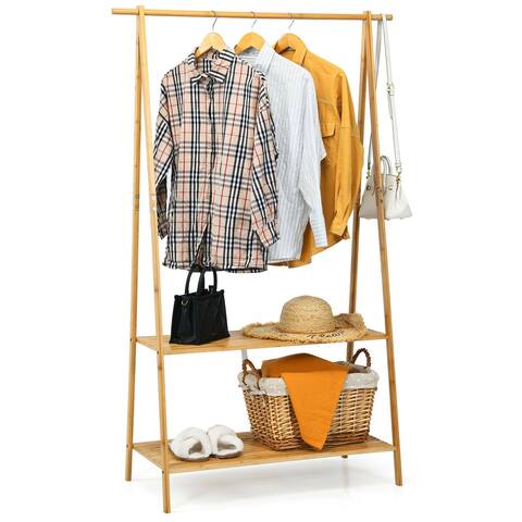 Gymax Bamboo Garment Rack Clothes Hanging Rack w/2-Tier Storage Shelf