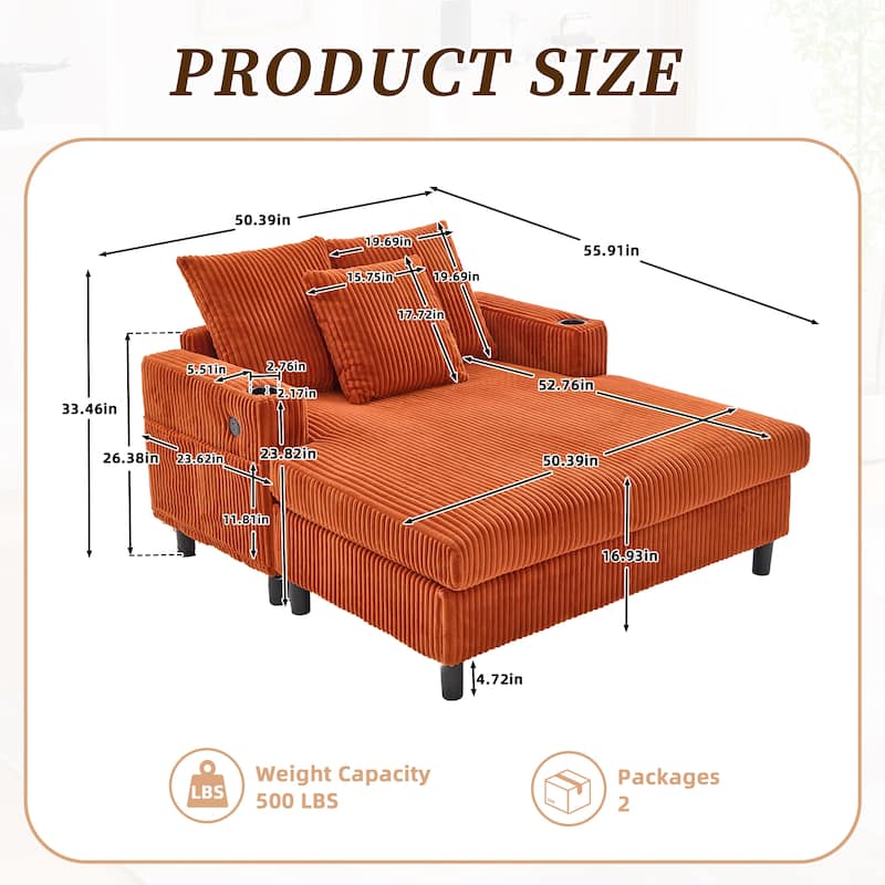 HOMEFUN Corduroy Upholstered Oversized RGB LED Light Recliner Sofa Bed with Cup Holder,USB&3 Pillows