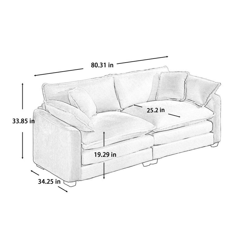 Corduroy Fabric Deep Seat Sofas Set with Throw Pillows, 3+2 Seater Flexible Combinations Sofa with Removable Armrests