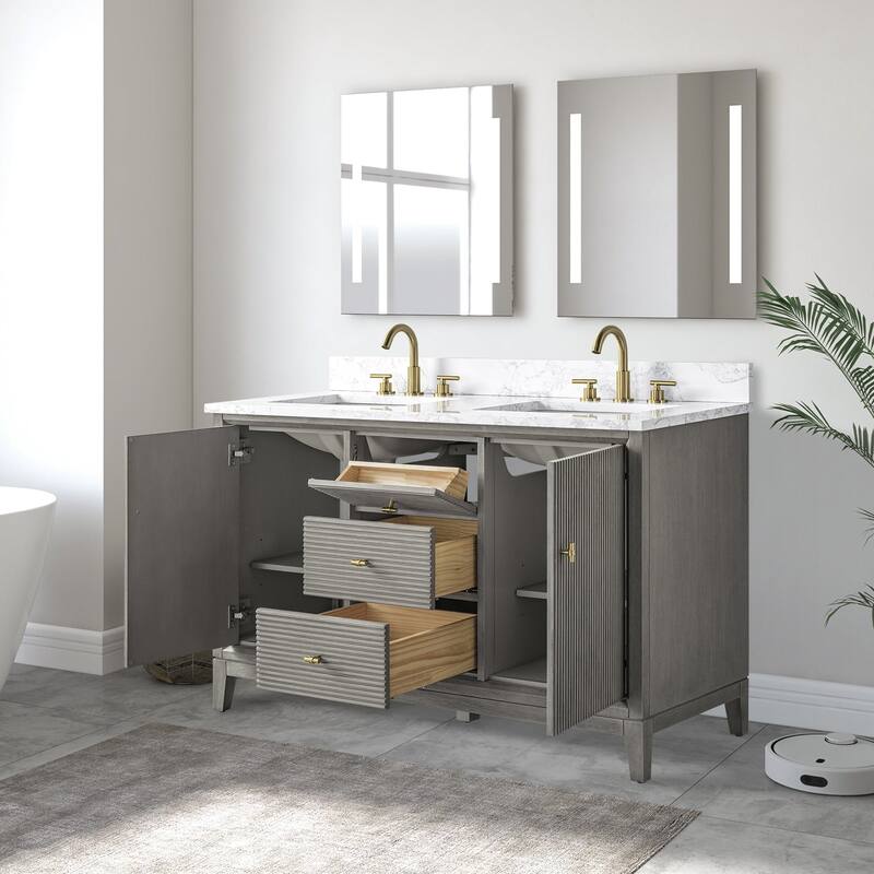 Vanity Art 54" Freestanding Bathroom Vanity with Engineered Marble Top and Sinks