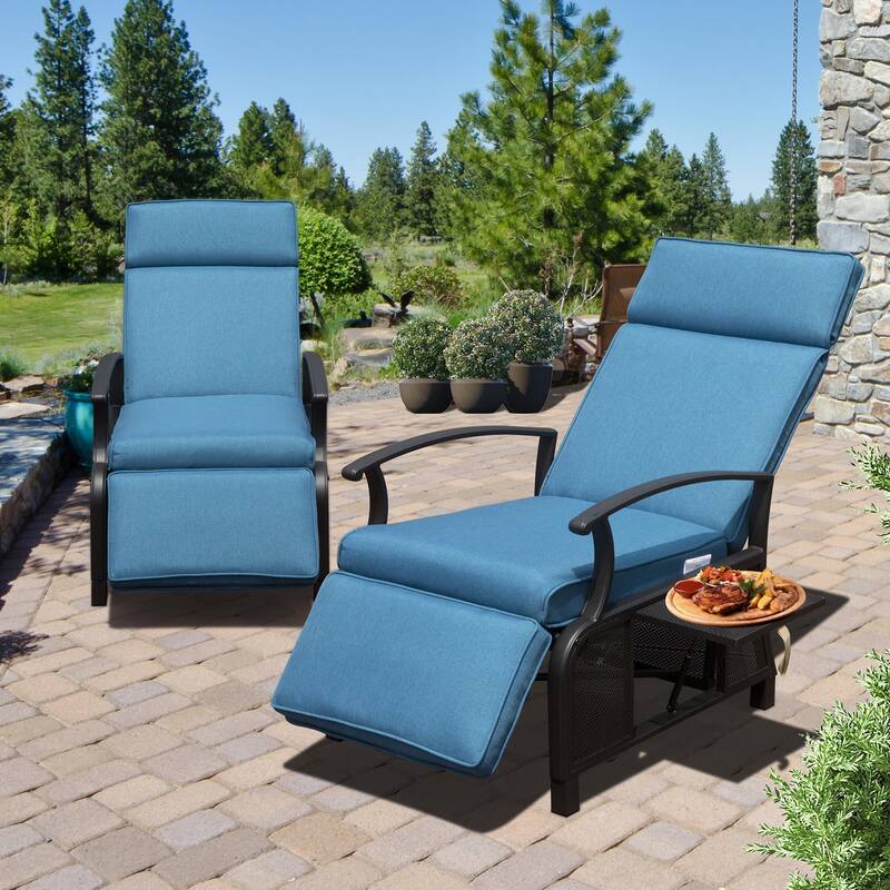 Adjustable Patio Metal Outdoor Lounge Chair with Flip Table Push Back