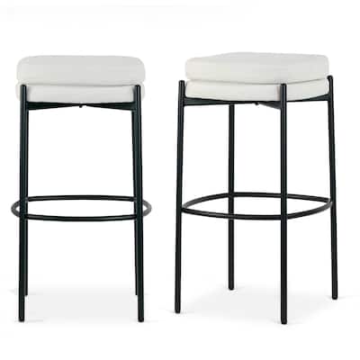 Set of 2 Avril White Boucle Backless Bar Stool with Black Metal Legs