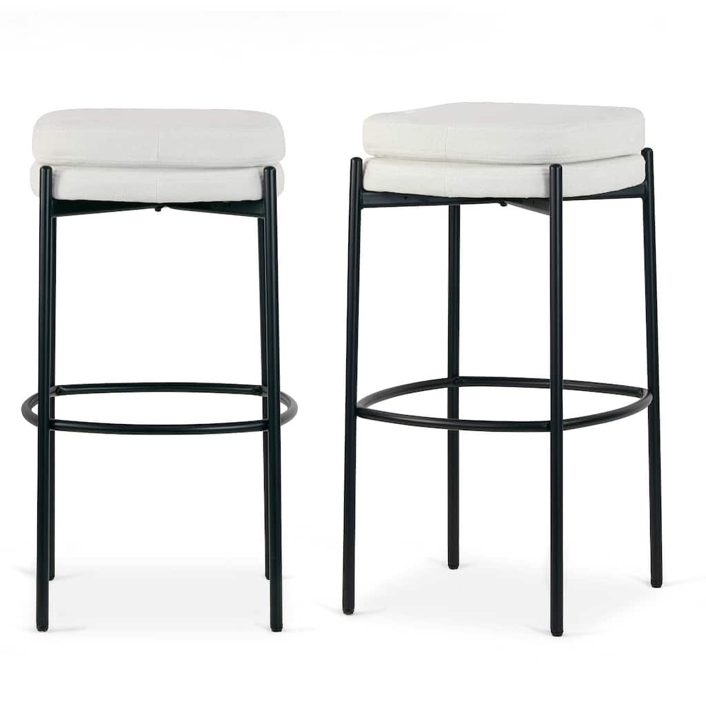 Set of 2 Avril White Boucle Backless Bar Stool with Black Metal Legs