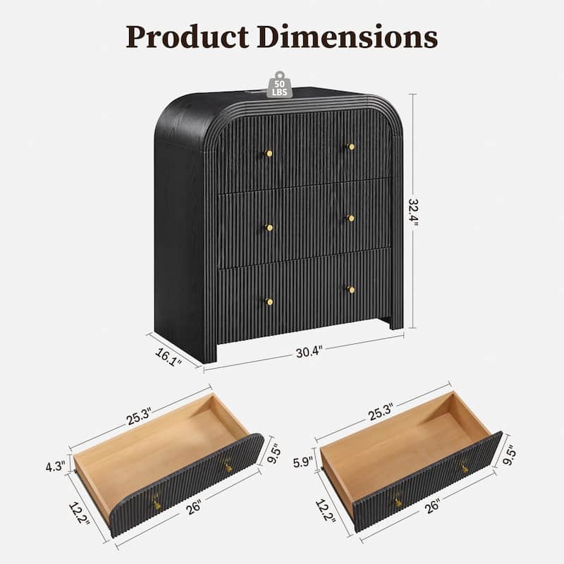 Modern Fluted 3 Drawers Dresser, Rounded Corner Chest of Drawers