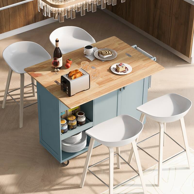Kitchen Island With Foldable Countertop Slide-Out Shelves Towel Rack and Drawer, for Kitchen, Living Room Dining Room, White - Blue