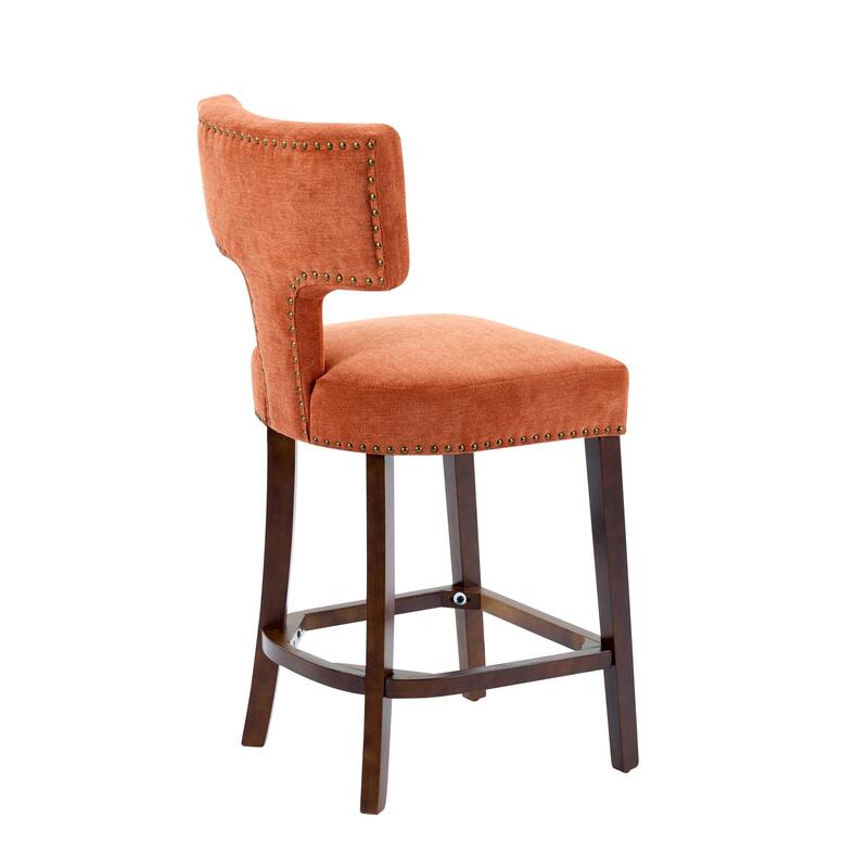 Set of 2 Mid-Century Modern Counter Height Bar Stools with Linen Upholstery Curved Backrest Copper Nail Solid Hardwood Frame