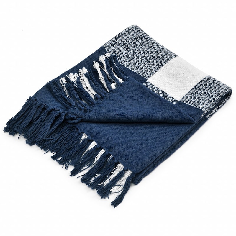 50" X 60" Blue and White Woven Cotton Checkered Throw Blanket with Fringe