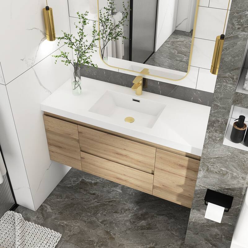 MDF Wall-Mounted Bathroom Vanity Set in Oak with Integrated Culture Marble Sink