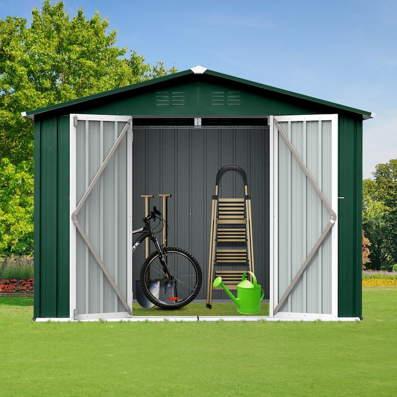 GDFStudio - Nolan Compact 6x8 FT Metal Garden Shed with Hinged Door and Apex Roof - 6ftx8ft - Green